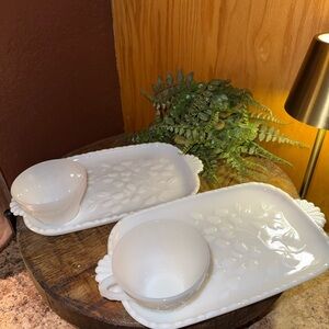 Anchor Hocking Milk Glass Floral Pattern White Cup & Saucer Set, Four-Piece